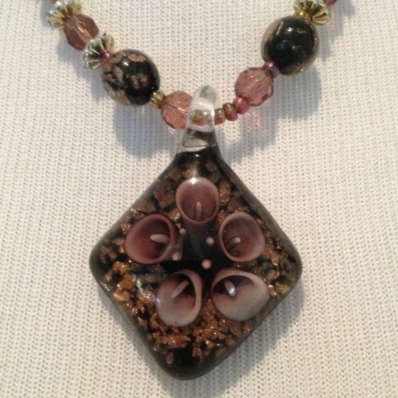 Lamp work pendant on black cord with beading - Picture 1 of 4